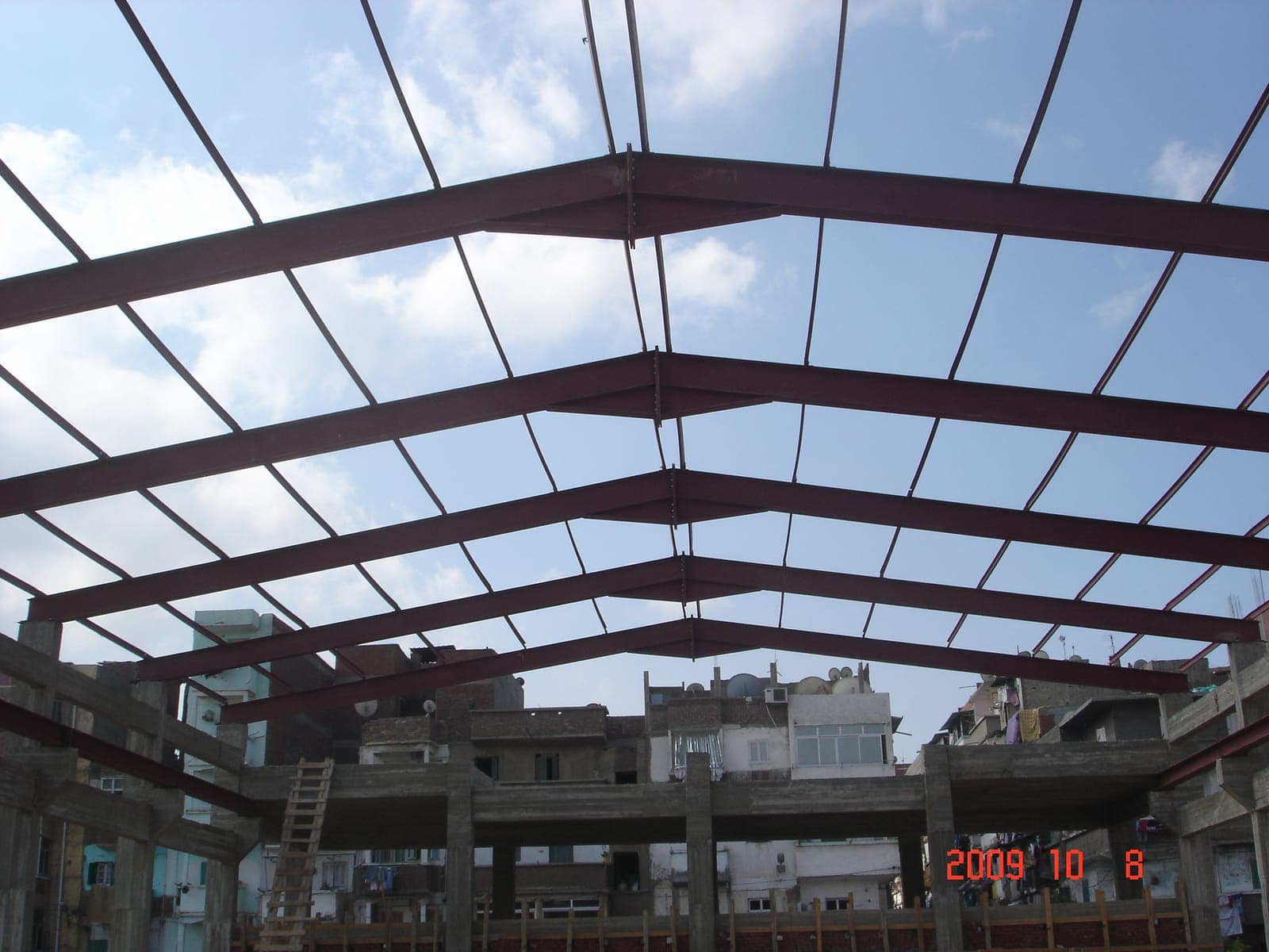 Alsiham Building — looking up along the ridge of the steel roof