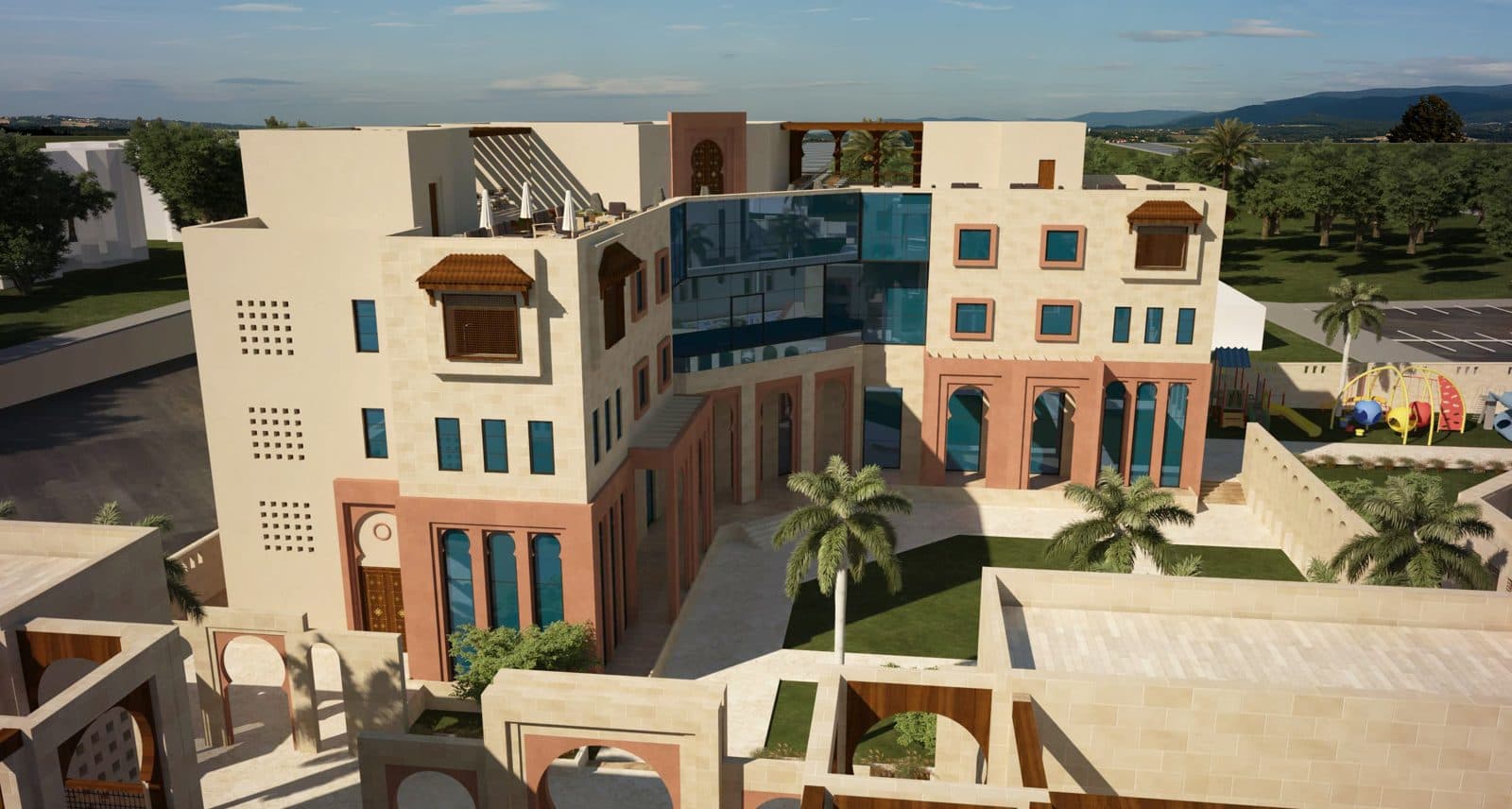 Design render — the association building and Qur'an school around their courtyard