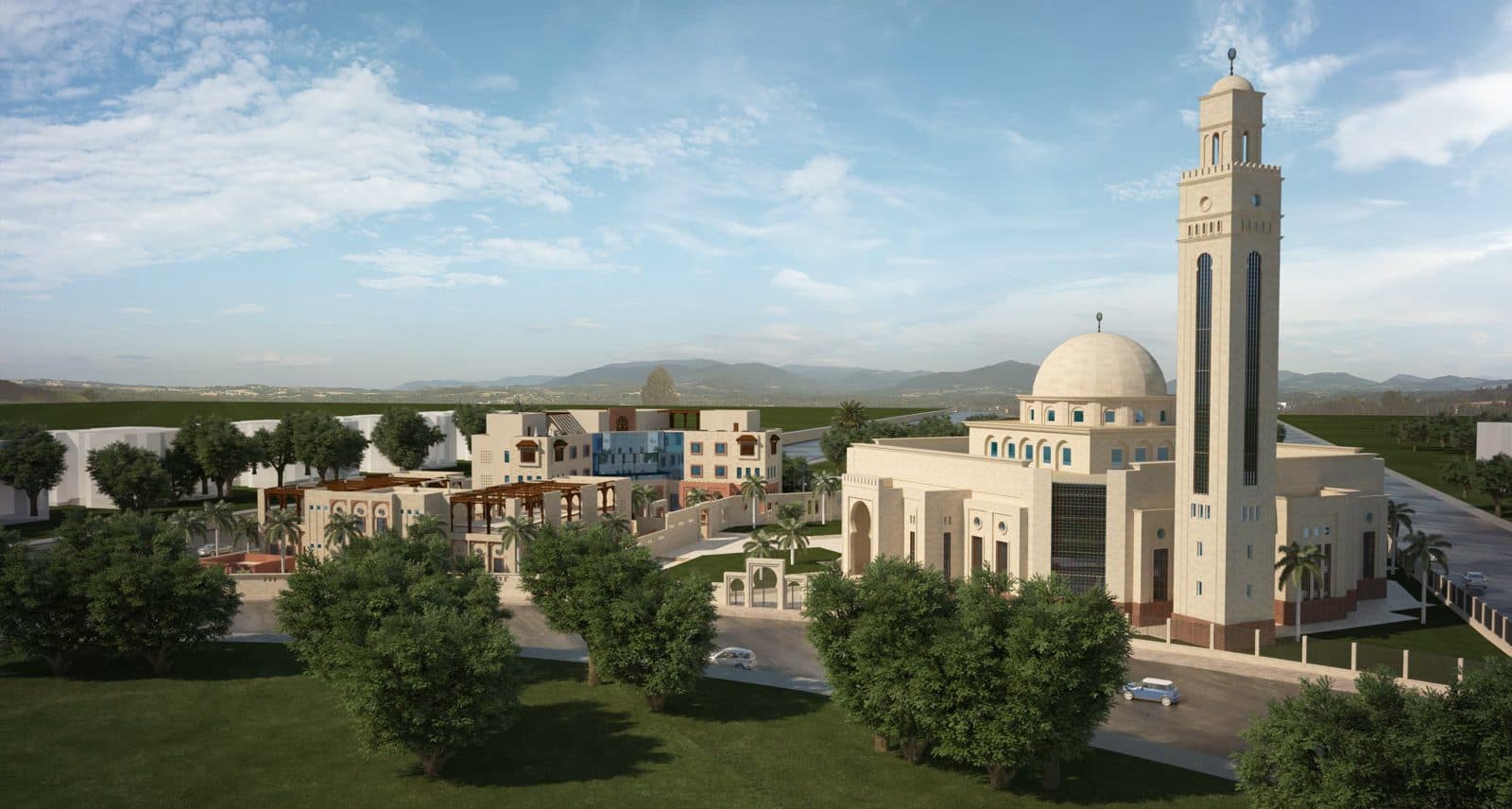 Design render of the full Masjid Al-Emam Al-Zahabi complex with minaret and landscaping