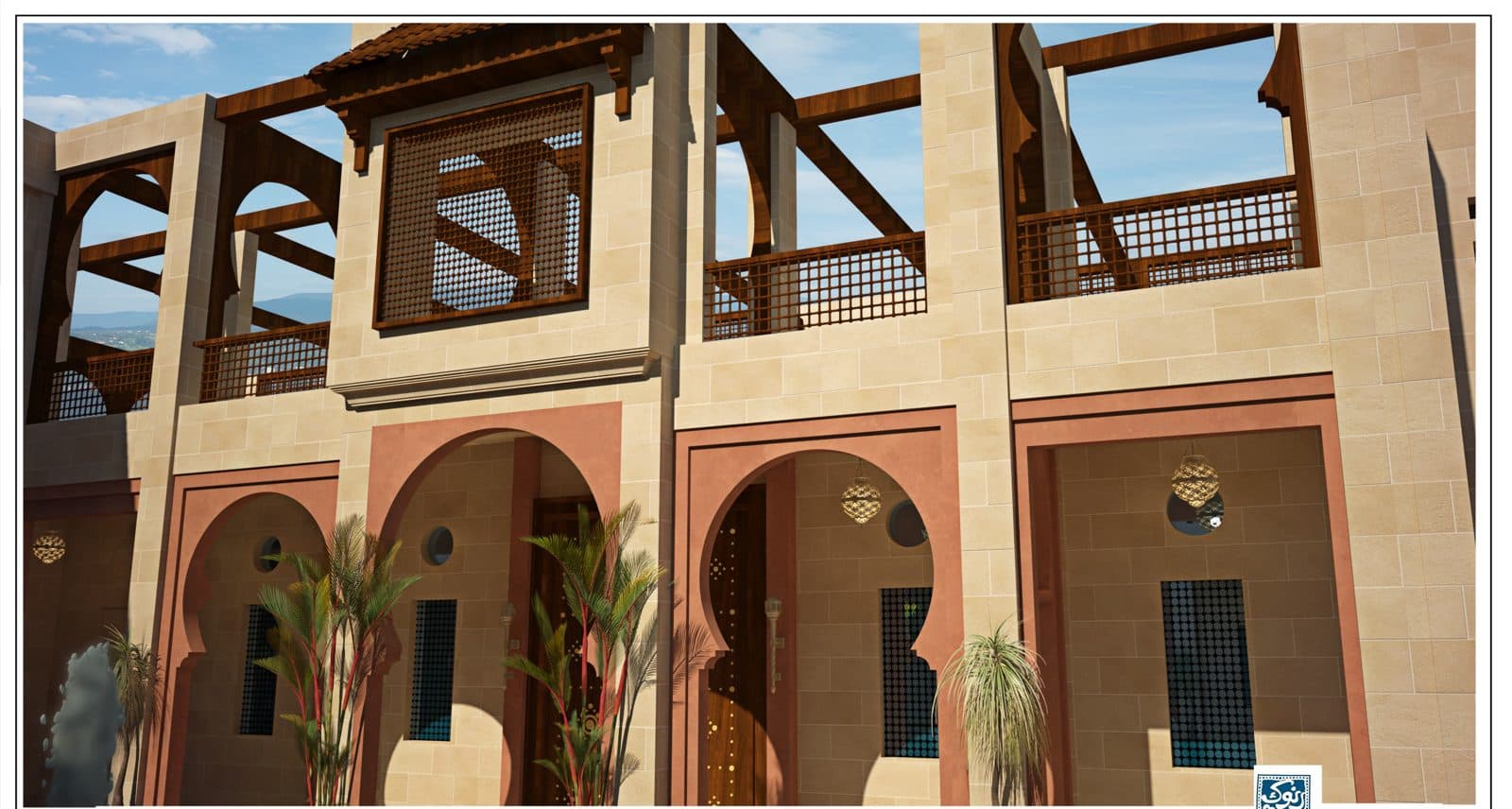 Design render — courtyard arcade with timber mashrabiya detailing