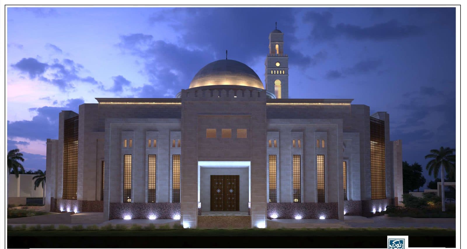 Design render — the lit dome and front elevation at dusk