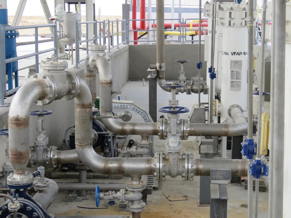 Stainless pipework and valves inside the Al-Alamein fuel depot