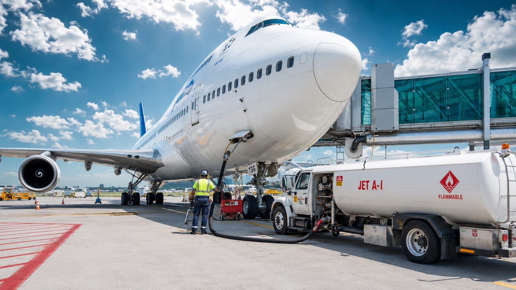 A Jet A-1 refuelling truck fuelling a wide-body aircraft at the terminal gate