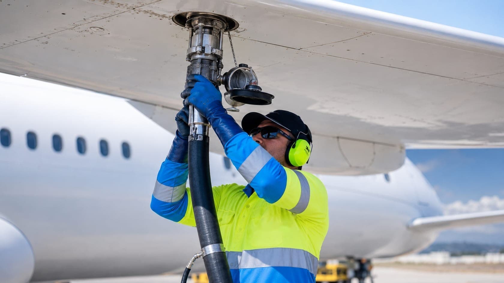 Al Majd · Warner Lewis operator connecting underwing fuelling equipment beneath an aircraft wing