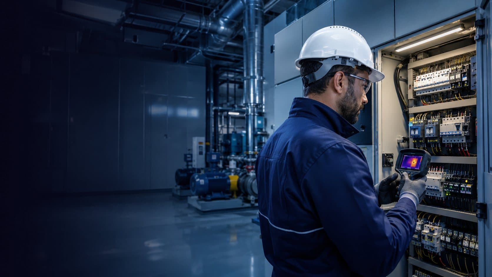A technician runs a thermal-imaging check on live switchgear in a plant room